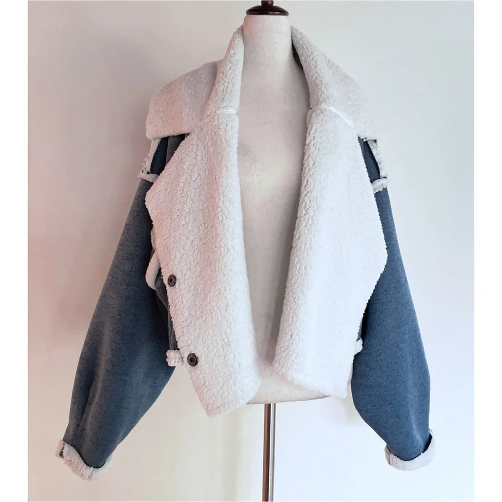 EUC Free People Josephine Sweater Sherpa Fleece Oversized Moto Sweater Jacket XS